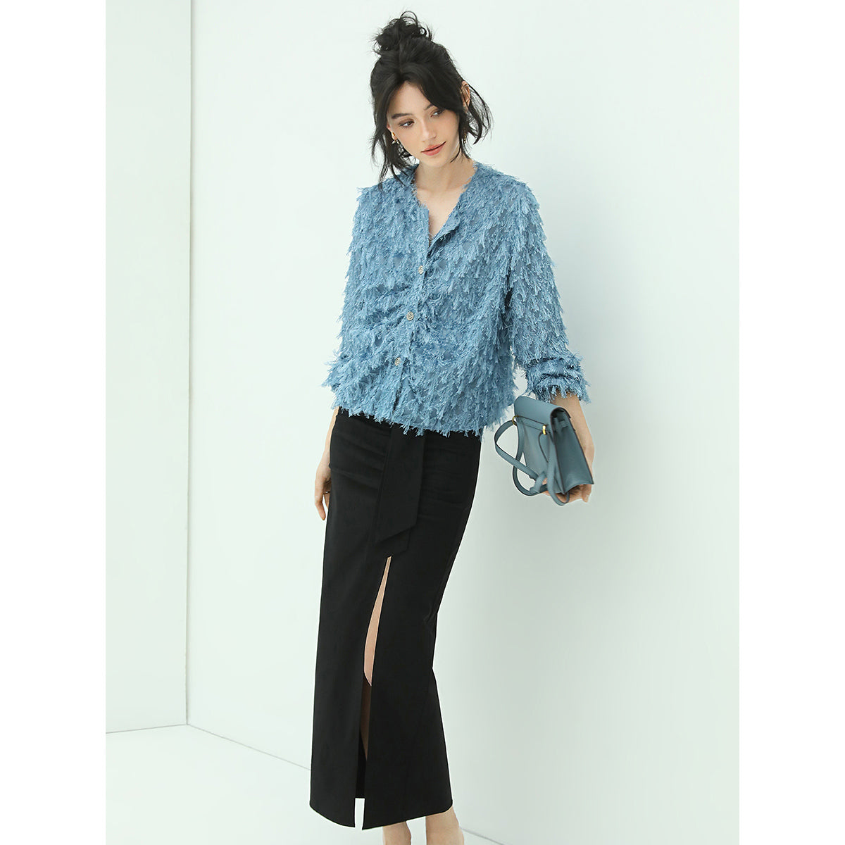 fuzzy jacquard shaggy blue chiffon cardigan all blue 3