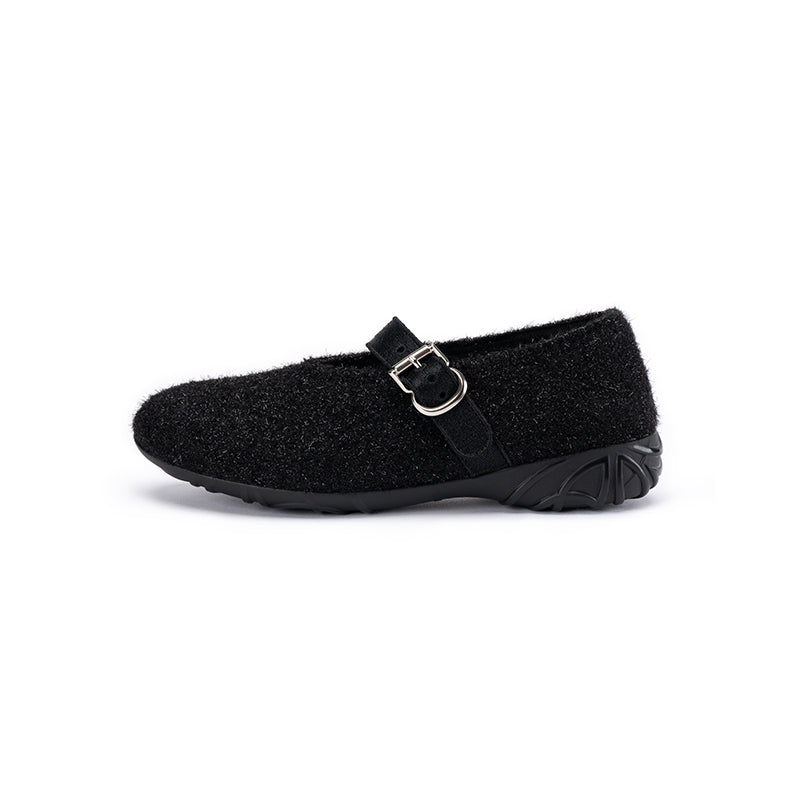 Fuzzy Mary Jane Flats – Plush Round Toe Buckle Strap Winter Shoes