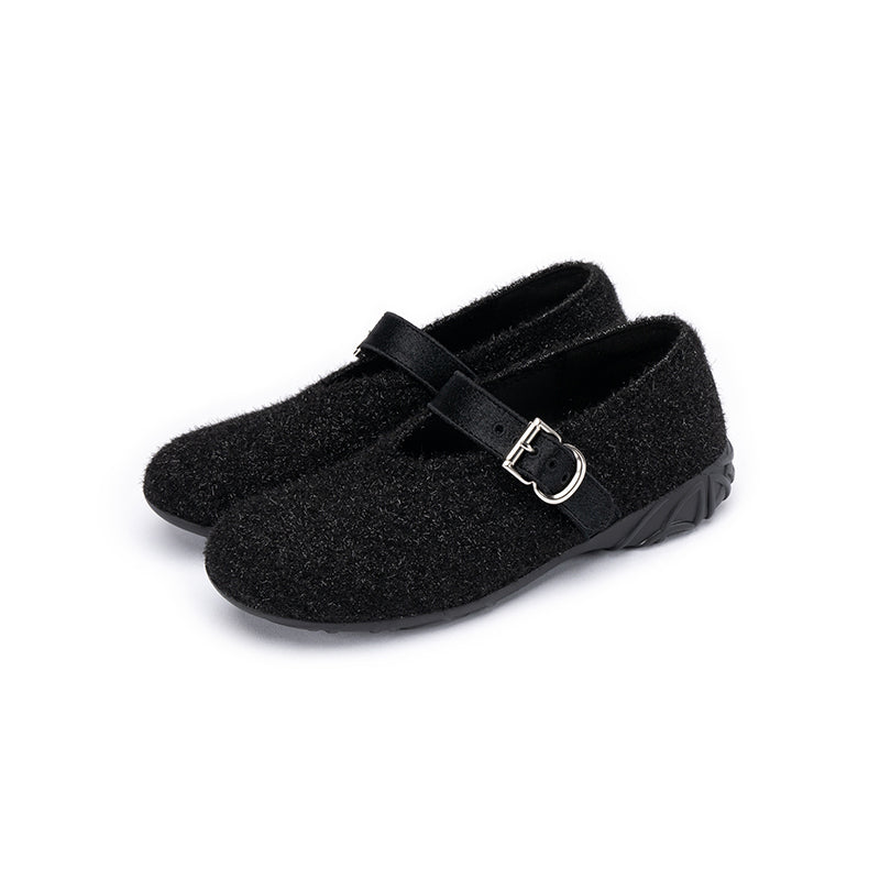 Fuzzy Mary Jane Flats – Plush Round Toe Buckle Strap Winter Shoes