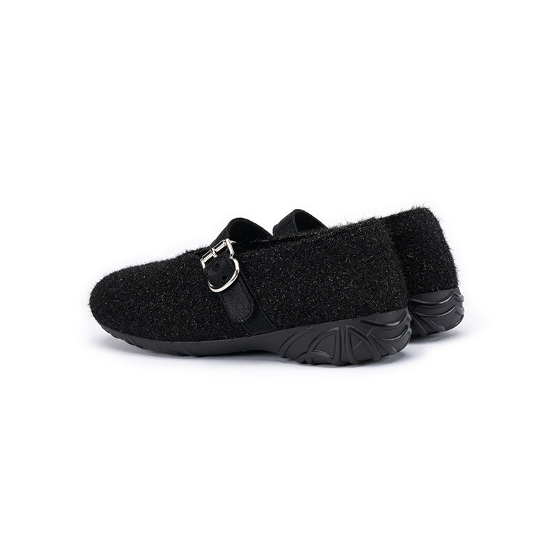 Fuzzy Mary Jane Flats – Plush Round Toe Buckle Strap Winter Shoes