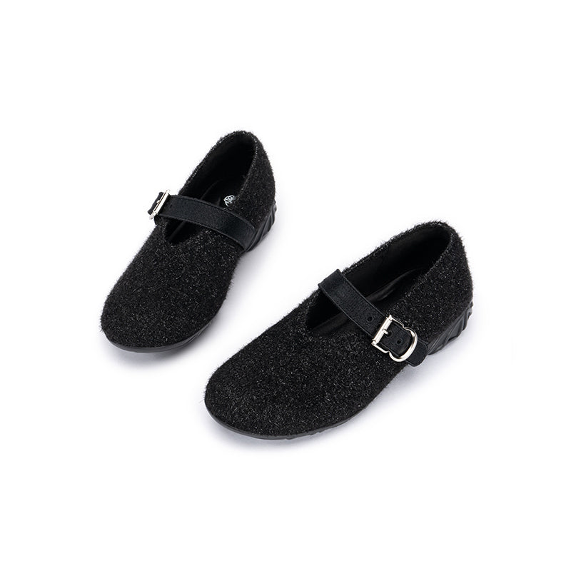 Fuzzy Mary Jane Flats – Plush Round Toe Buckle Strap Winter Shoes