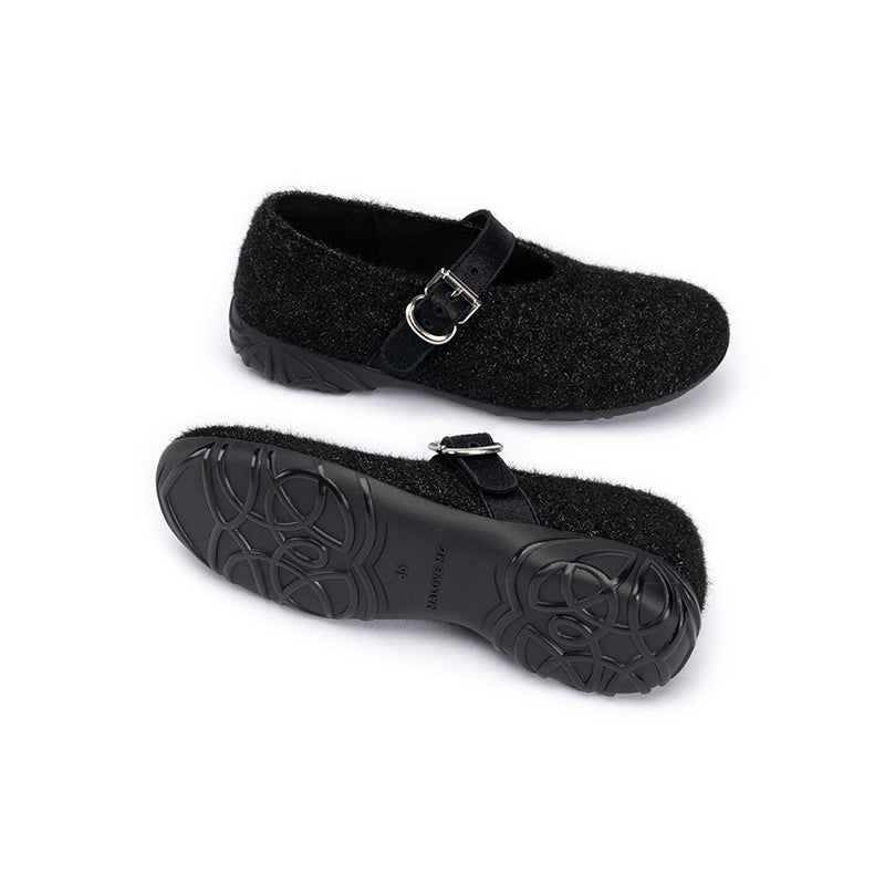 Fuzzy Mary Jane Flats – Plush Round Toe Buckle Strap Winter Shoes