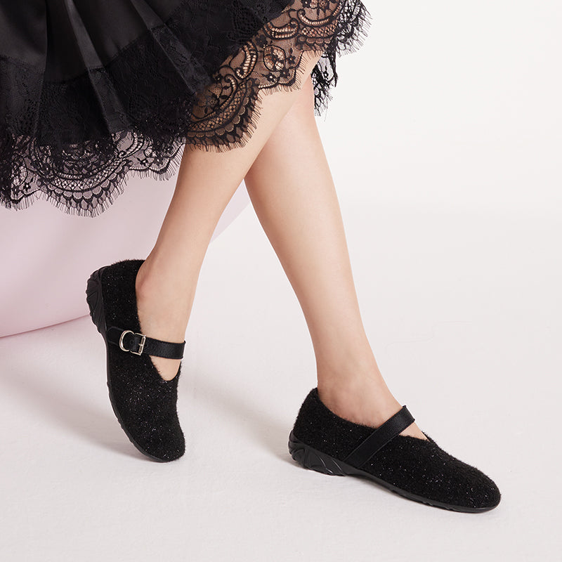 Fuzzy Mary Jane Flats – Plush Round Toe Buckle Strap Winter Shoes