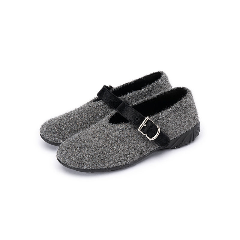 Fuzzy Mary Jane Flats – Plush Round Toe Buckle Strap Winter Shoes