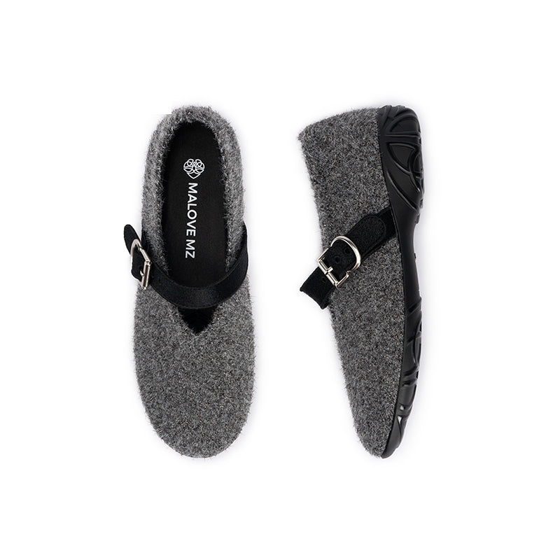Fuzzy Mary Jane Flats – Plush Round Toe Buckle Strap Winter Shoes