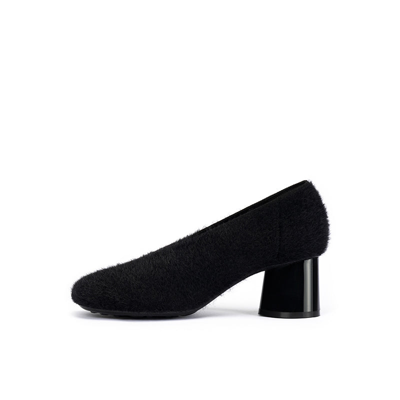 Fuzzy Round Toe Block Heel Pumps – Plush Teddy Knit Heels