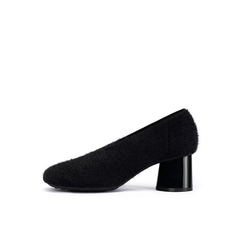 Fuzzy Round Toe Block Heel Pumps – Plush Teddy Knit Heels