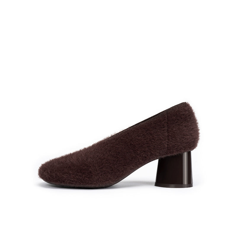 Fuzzy Round Toe Block Heel Pumps – Plush Teddy Knit Heels
