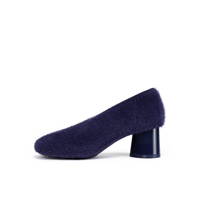 Fuzzy Round Toe Block Heel Pumps – Plush Teddy Knit Heels