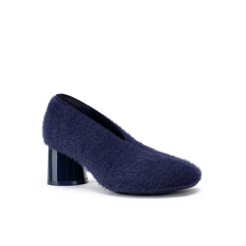 Fuzzy Round Toe Block Heel Pumps – Plush Teddy Knit Heels