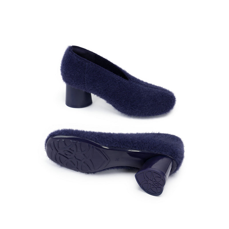 Fuzzy Round Toe Block Heel Pumps – Plush Teddy Knit Heels
