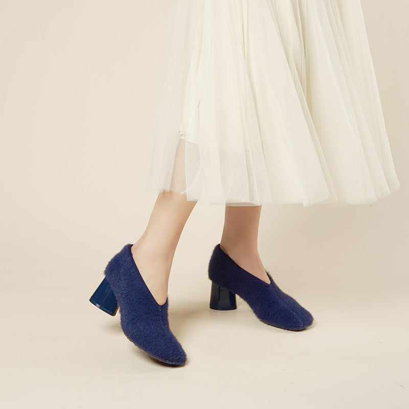Fuzzy Round Toe Block Heel Pumps – Plush Teddy Knit Heels
