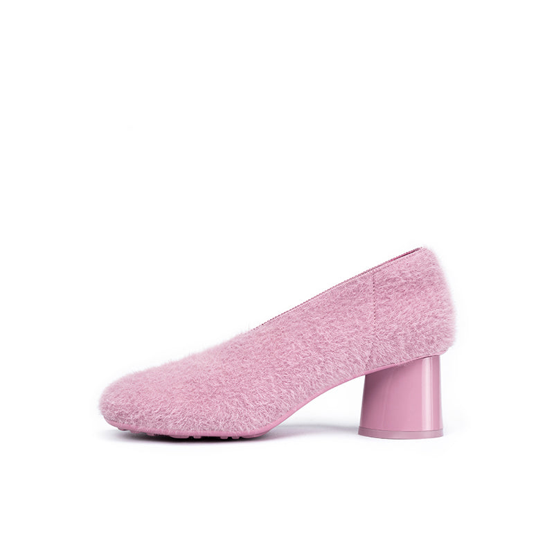 Fuzzy Round Toe Block Heel Pumps – Plush Teddy Knit Heels