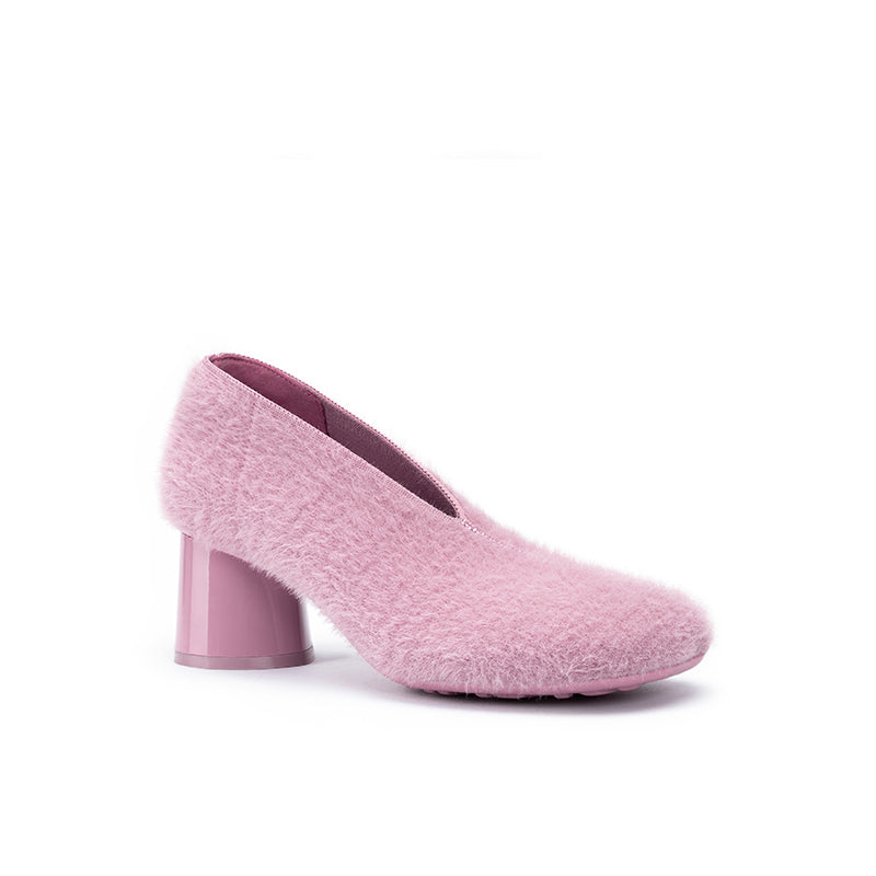 Fuzzy Round Toe Block Heel Pumps – Plush Teddy Knit Heels