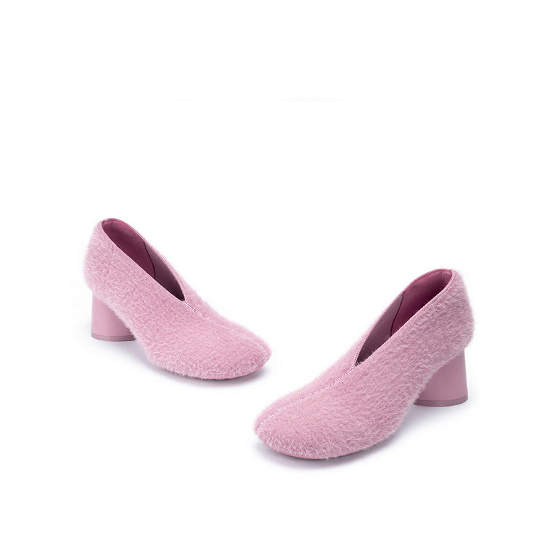 Fuzzy Round Toe Block Heel Pumps – Plush Teddy Knit Heels