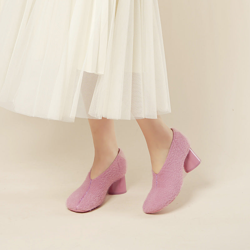 Fuzzy Round Toe Block Heel Pumps – Plush Teddy Knit Heels
