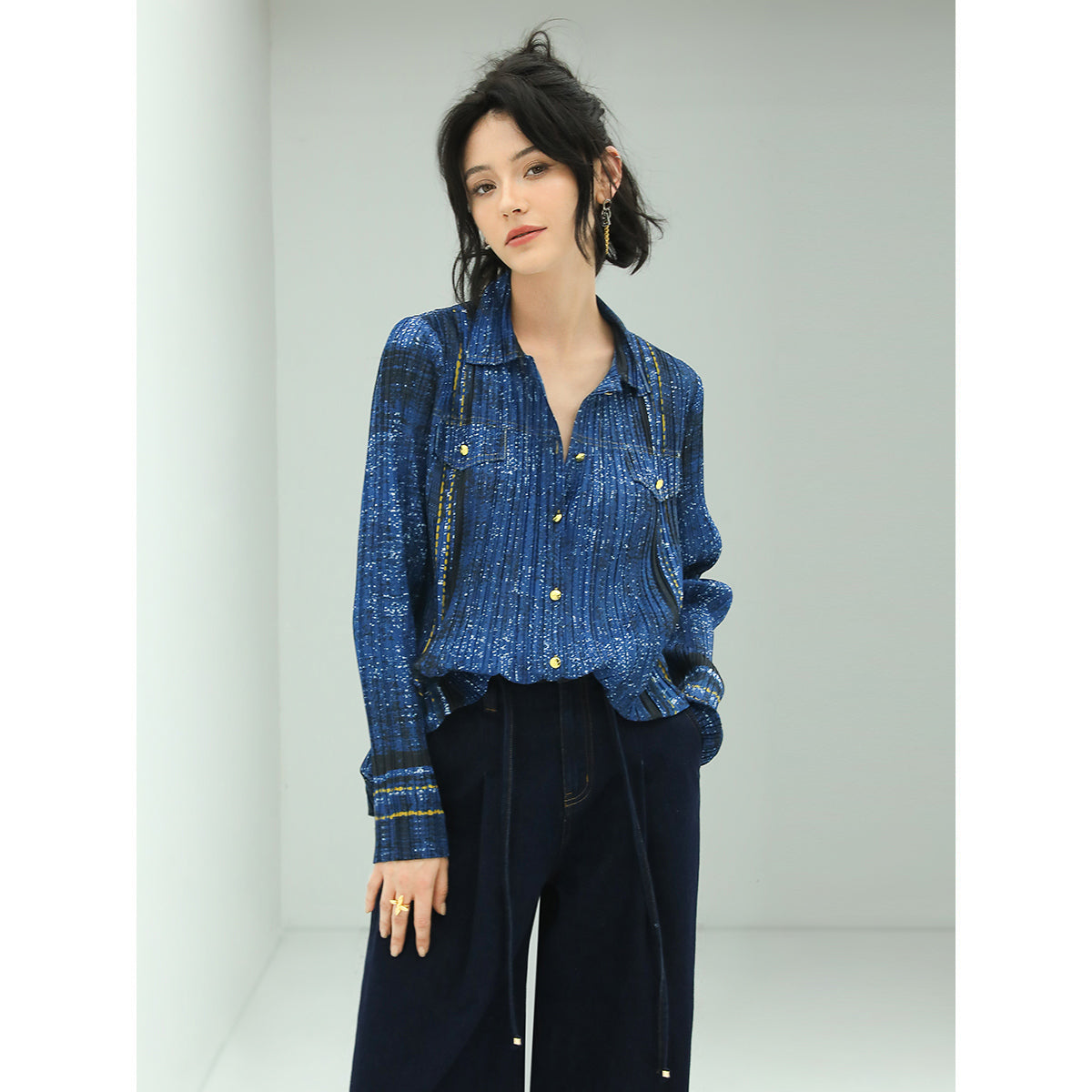 galactic shimmer navy pleated long sleeve shirt all navy 2