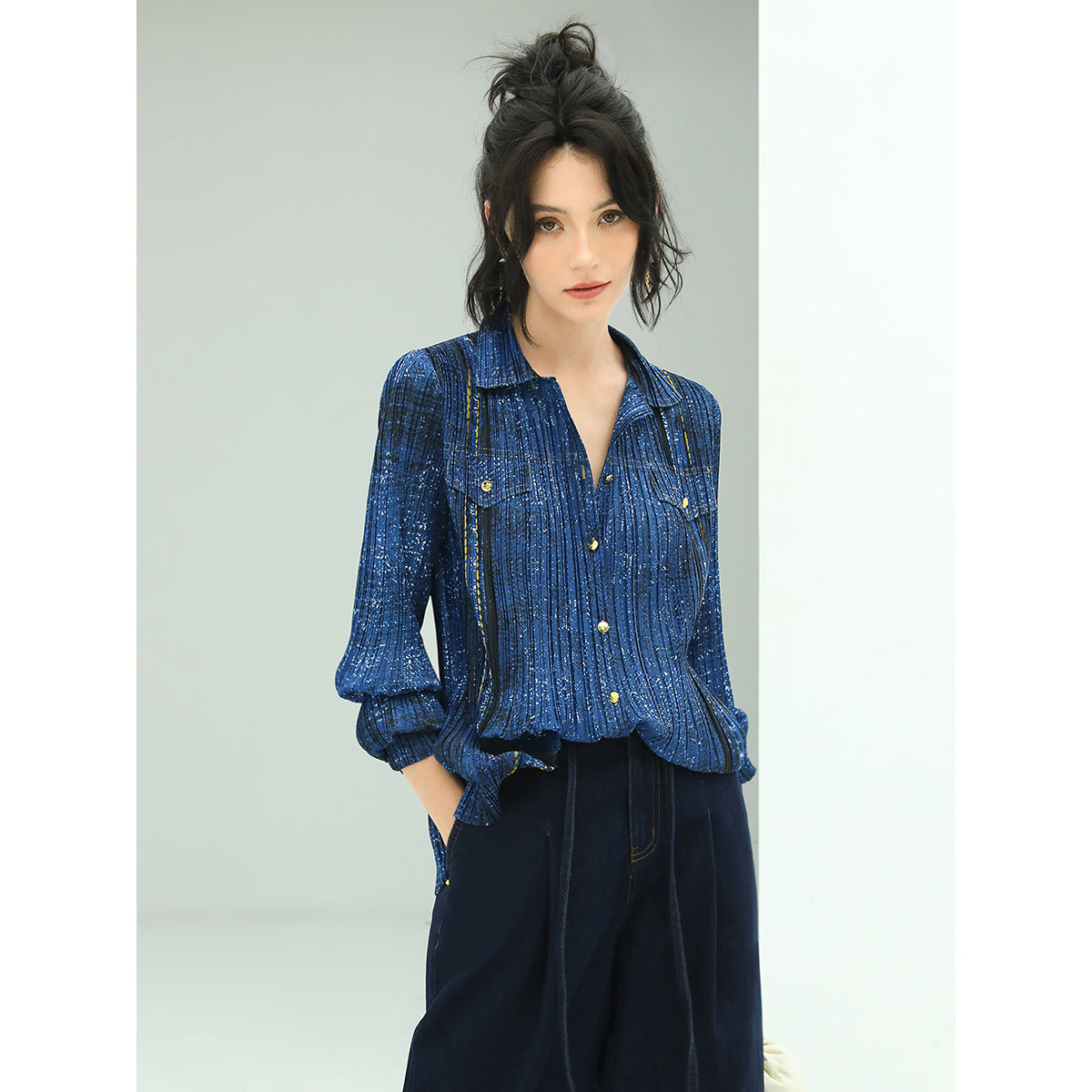 galactic shimmer navy pleated long sleeve shirt all navy 3