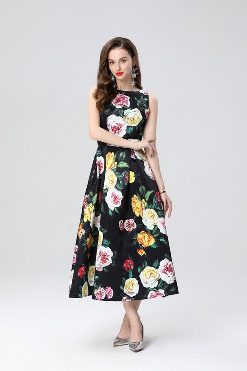 Garden Floral Structured Sleeveless High Waisted A Line Dress - 0cm