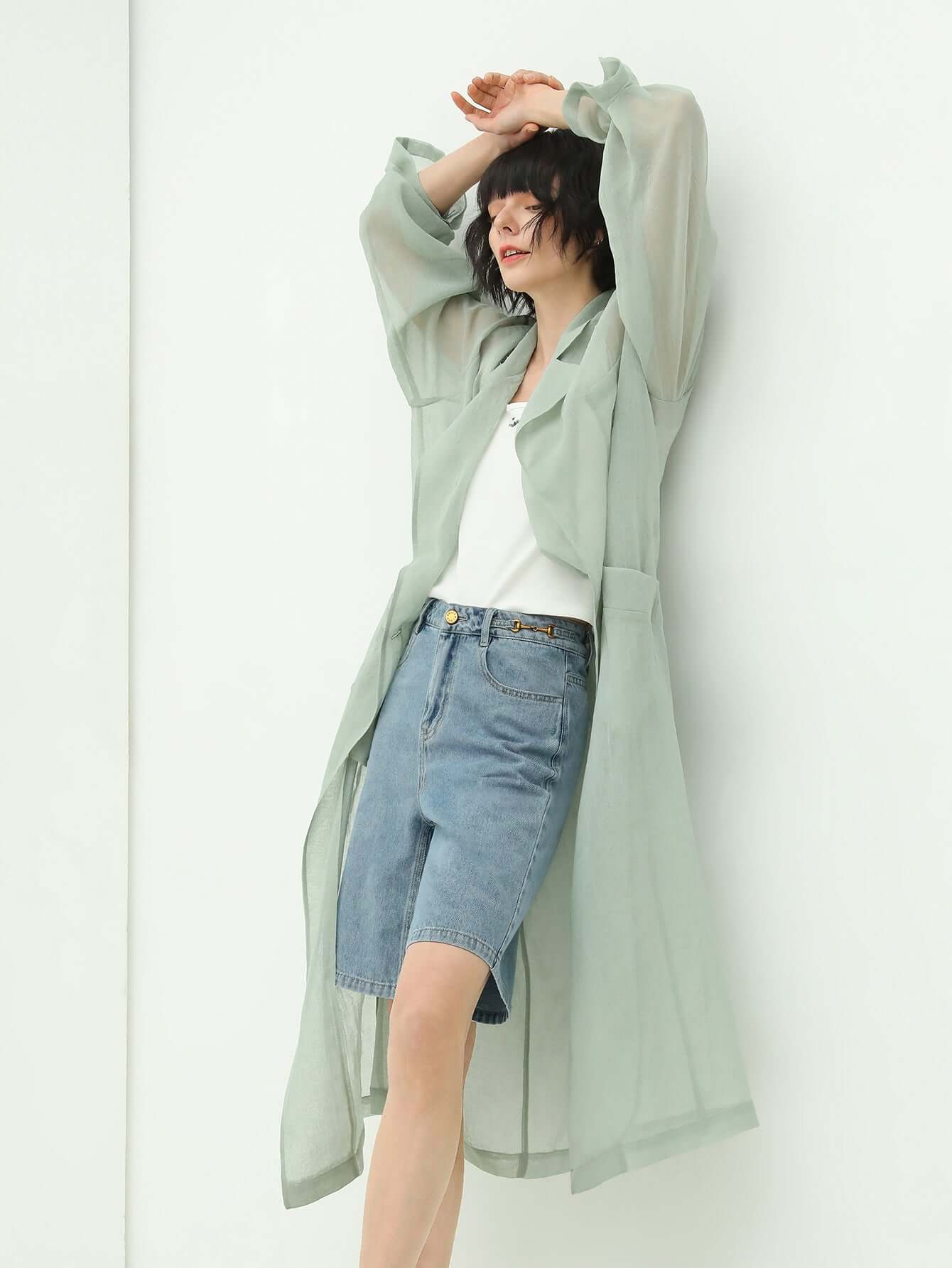 gauzy lightweight transparent trench coat all green 3