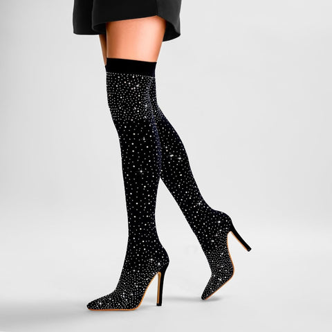 Gem Encrusted Black Thigh High Sock Boots