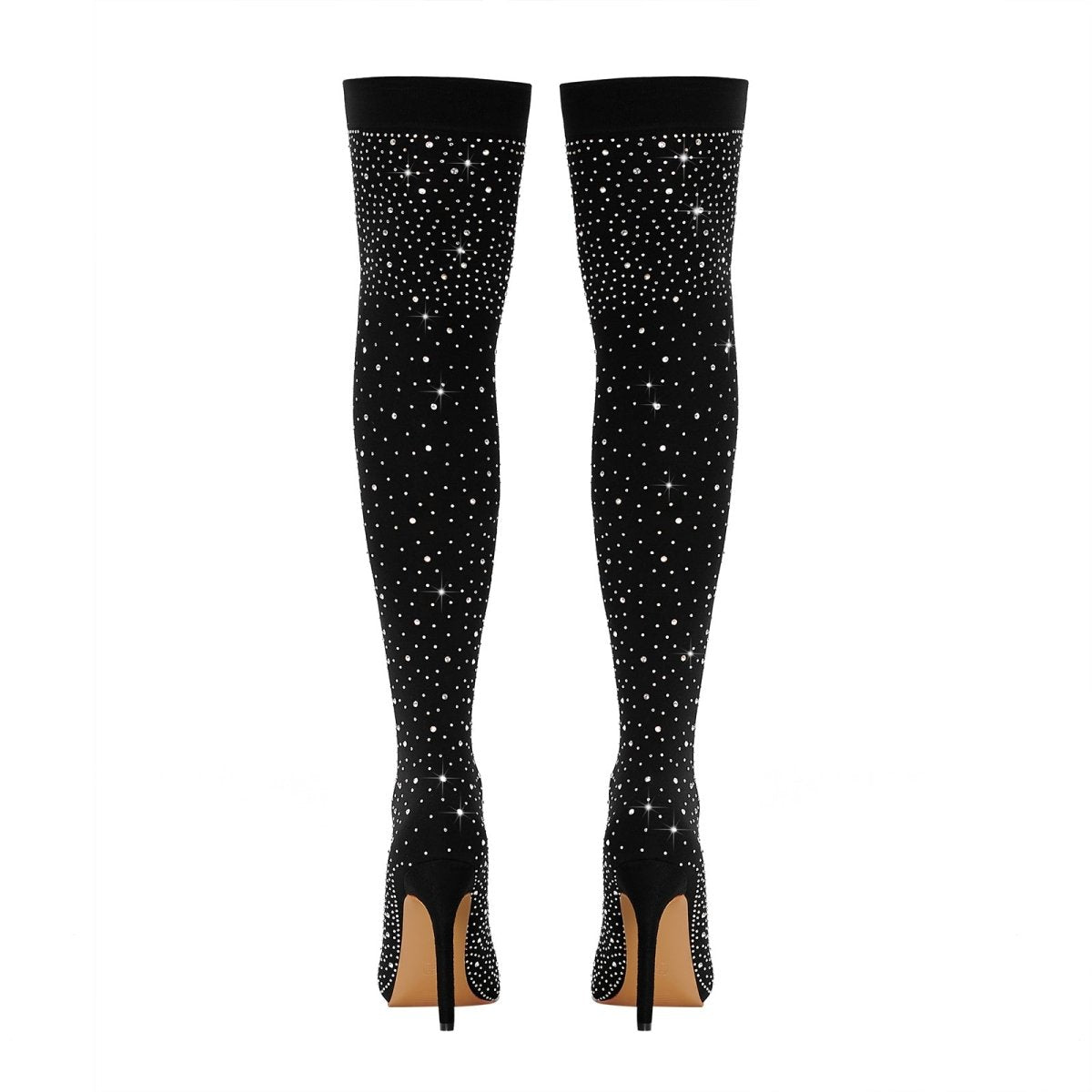 Gem Encrusted Black Thigh High Sock Boots - 0cm