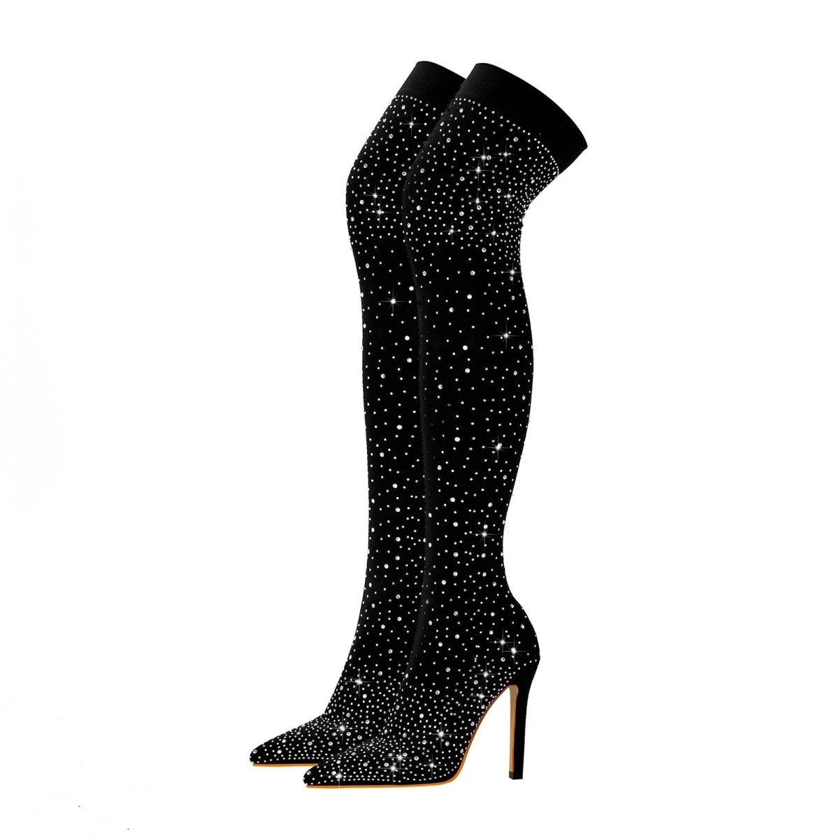 Gem Encrusted Black Thigh High Sock Boots - 0cm