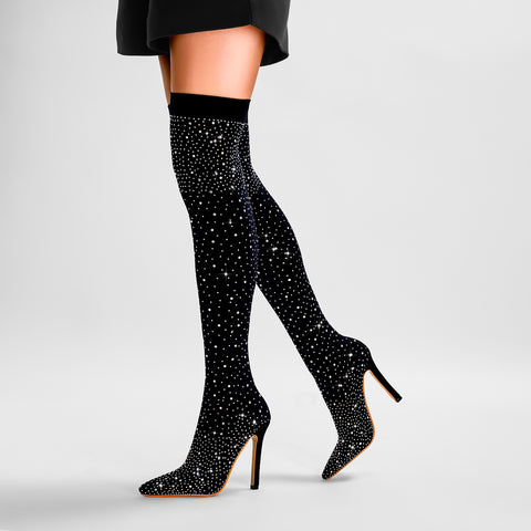 Gem Encrusted Black Thigh High Sock Boots