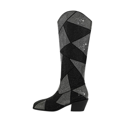 Geometric Black Silver Sparkle Western Knee High Boots - 0cm