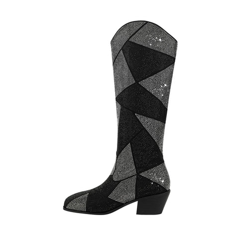 Geometric Crystal Embellished Western Knee High Boots