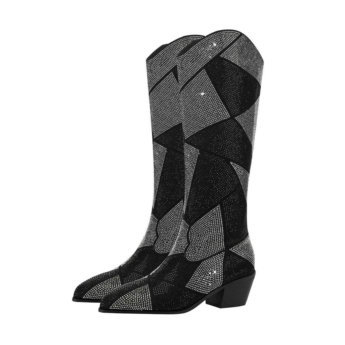 Geometric Crystal Embellished Western Knee High Boots