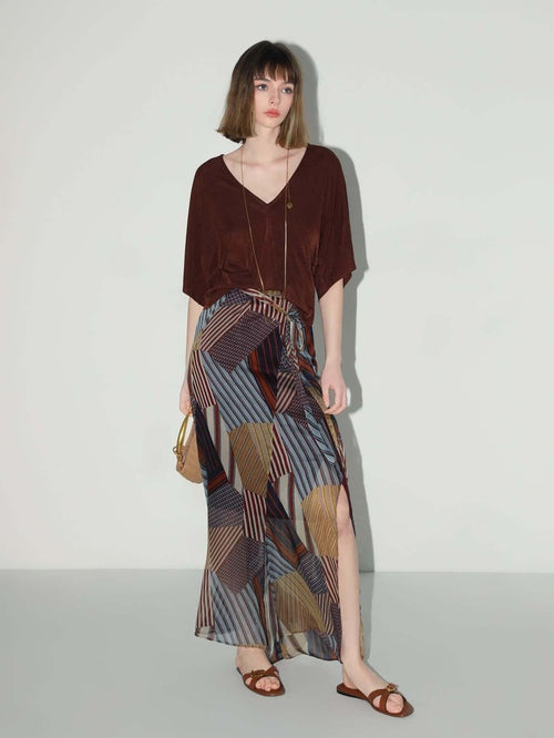 Geometric Patchwork Print Chiffon Skirt - 0cm