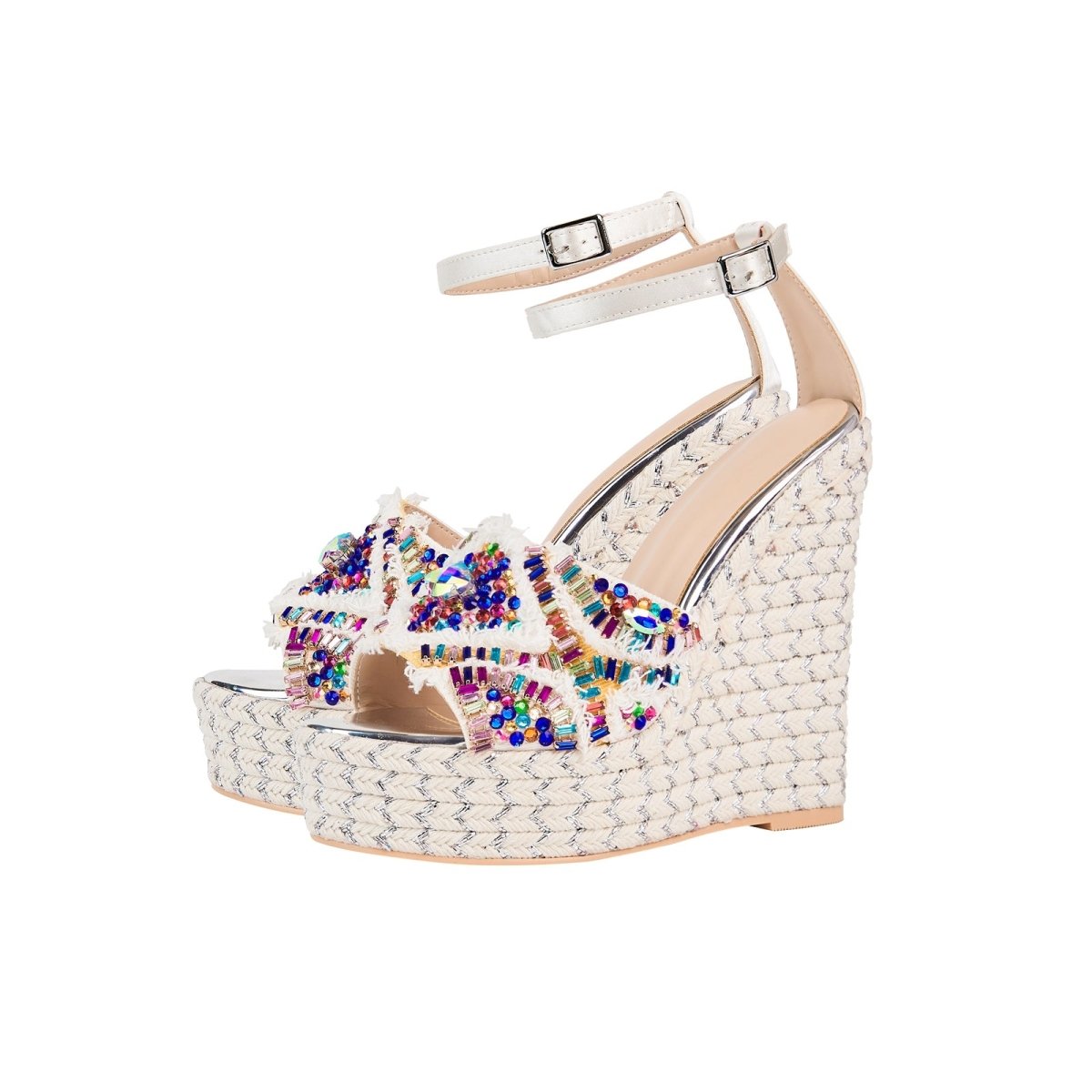 Girly Rhinestone Encrusted White Bohemian Wedges - 0cm