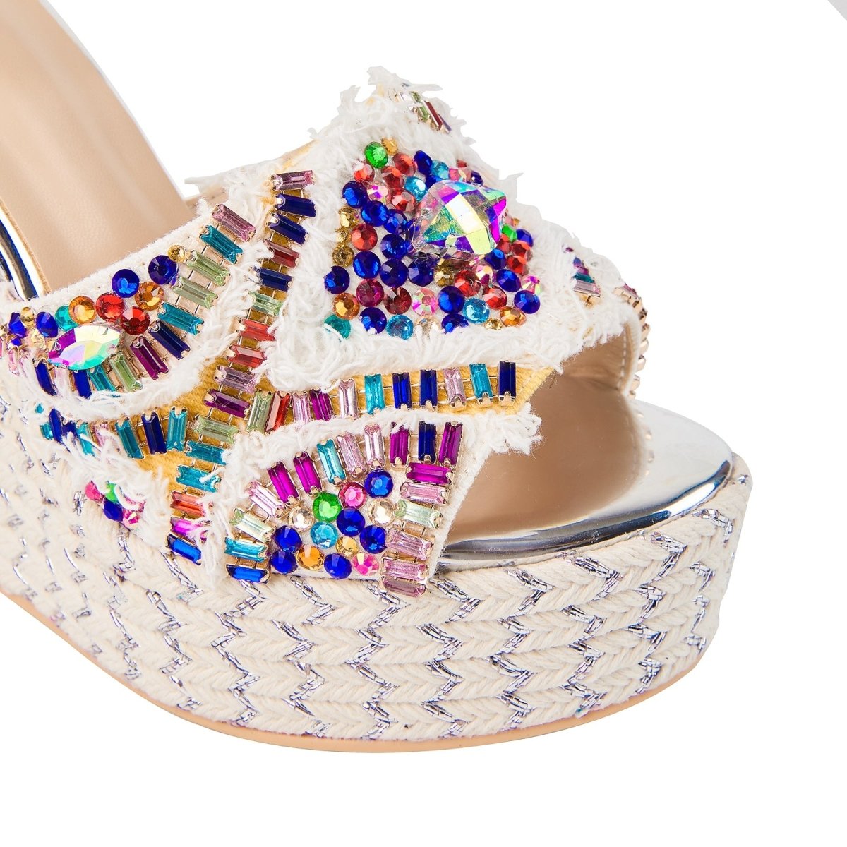 Girly Rhinestone Encrusted White Bohemian Wedges - 0cm
