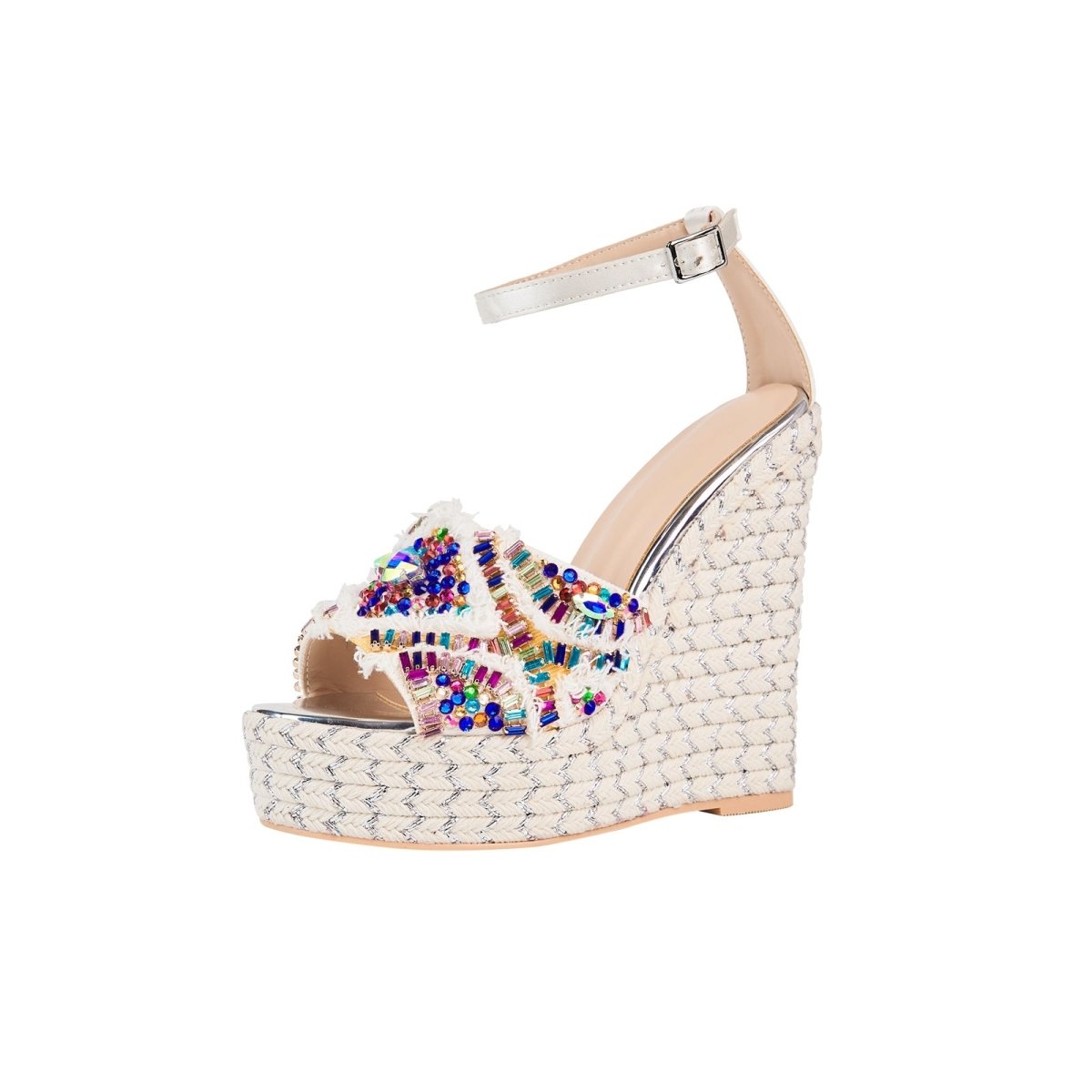Girly Rhinestone Encrusted White Bohemian Wedges - 0cm