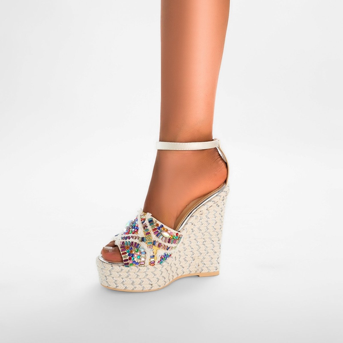 Girly Rhinestone Encrusted White Bohemian Wedges - 0cm
