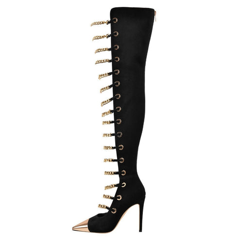 Glam Pointed Toe Gold Chain Black Knee High Boots - 0cm
