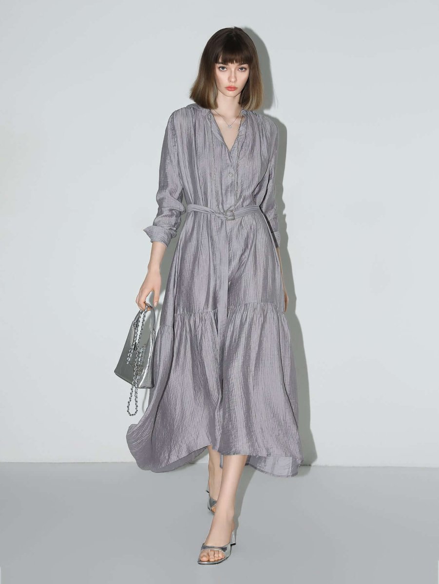 glam purple pleated long sleeve shirt dress all silver 3