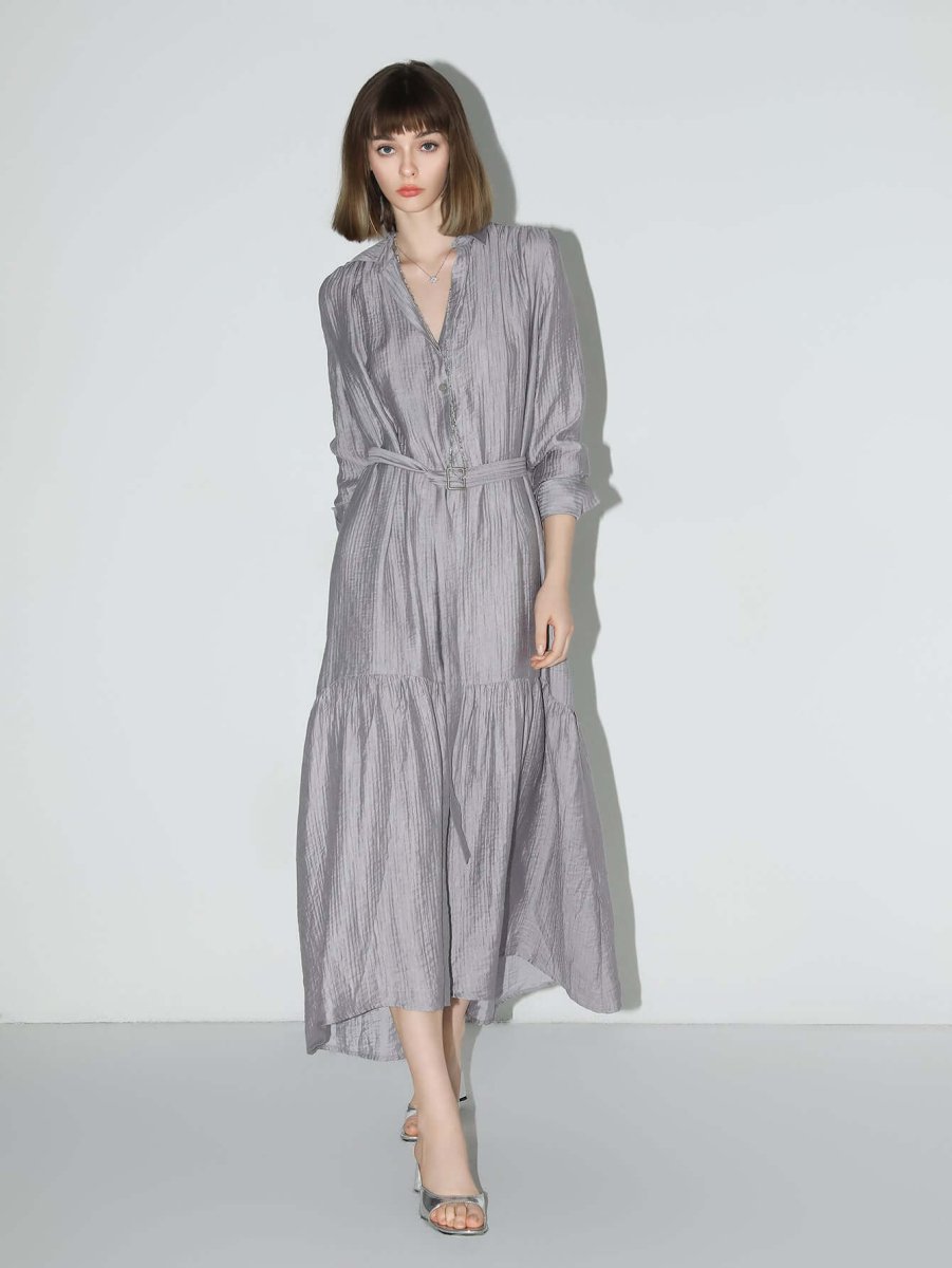 glam purple pleated long sleeve shirt dress all silver 1