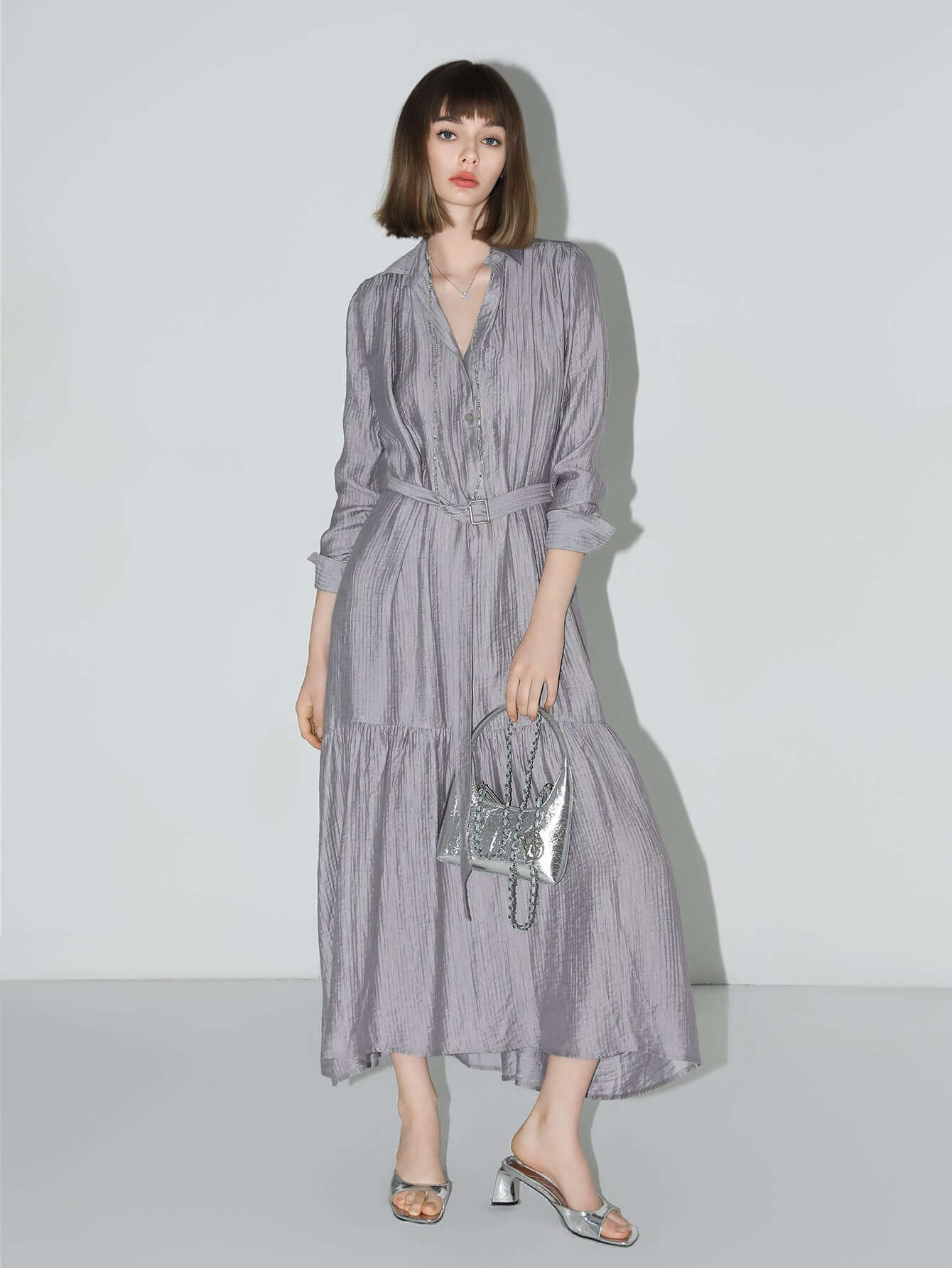 glam purple pleated long sleeve shirt dress all silver 2