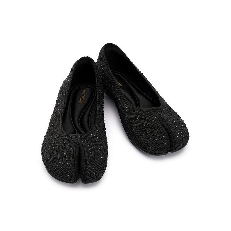 Glam Rhinestone Split Toe Flats – Seamless Knit Ballet Shoes