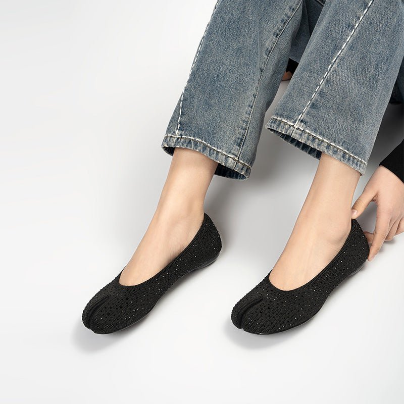Glam Rhinestone Split Toe Flats – Seamless Knit Ballet Shoes
