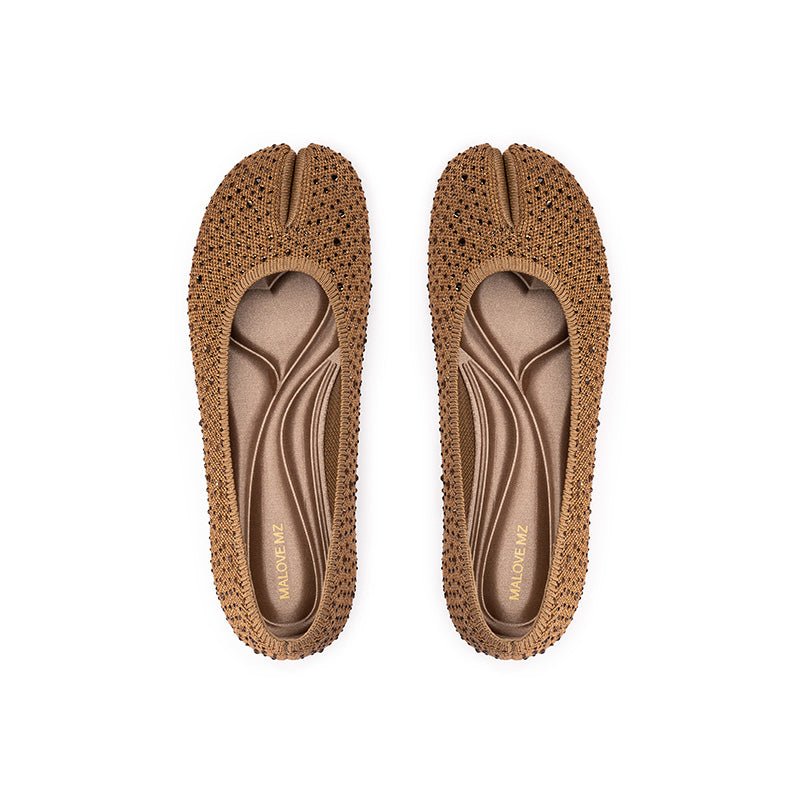 Glam Rhinestone Split Toe Flats – Seamless Knit Ballet Shoes