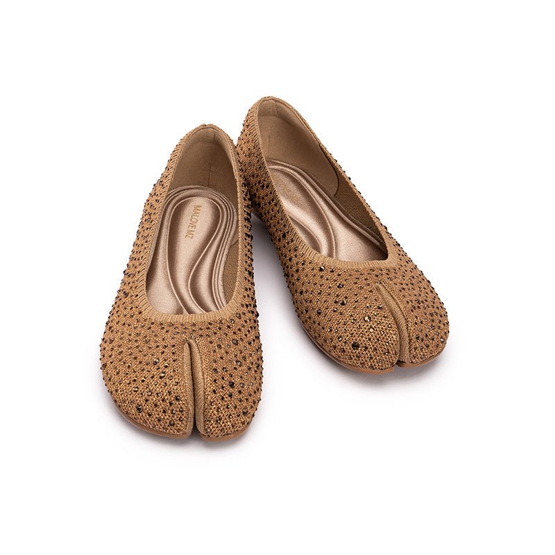 Glam Rhinestone Split Toe Flats – Seamless Knit Ballet Shoes