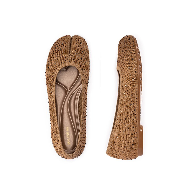 Glam Rhinestone Split Toe Flats – Seamless Knit Ballet Shoes