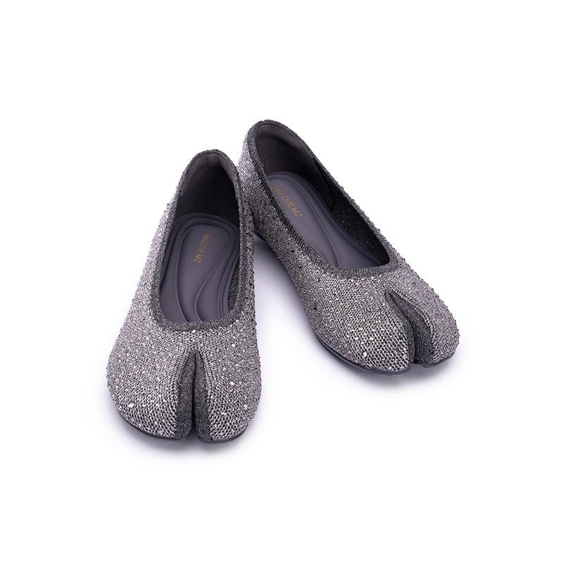 Glam Rhinestone Split Toe Flats – Seamless Knit Ballet Shoes