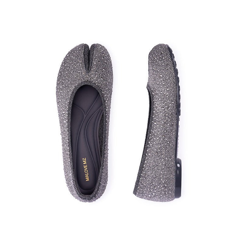 Glam Rhinestone Split Toe Flats – Seamless Knit Ballet Shoes