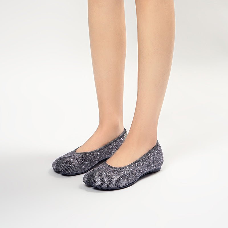 Glam Rhinestone Split Toe Flats – Seamless Knit Ballet Shoes