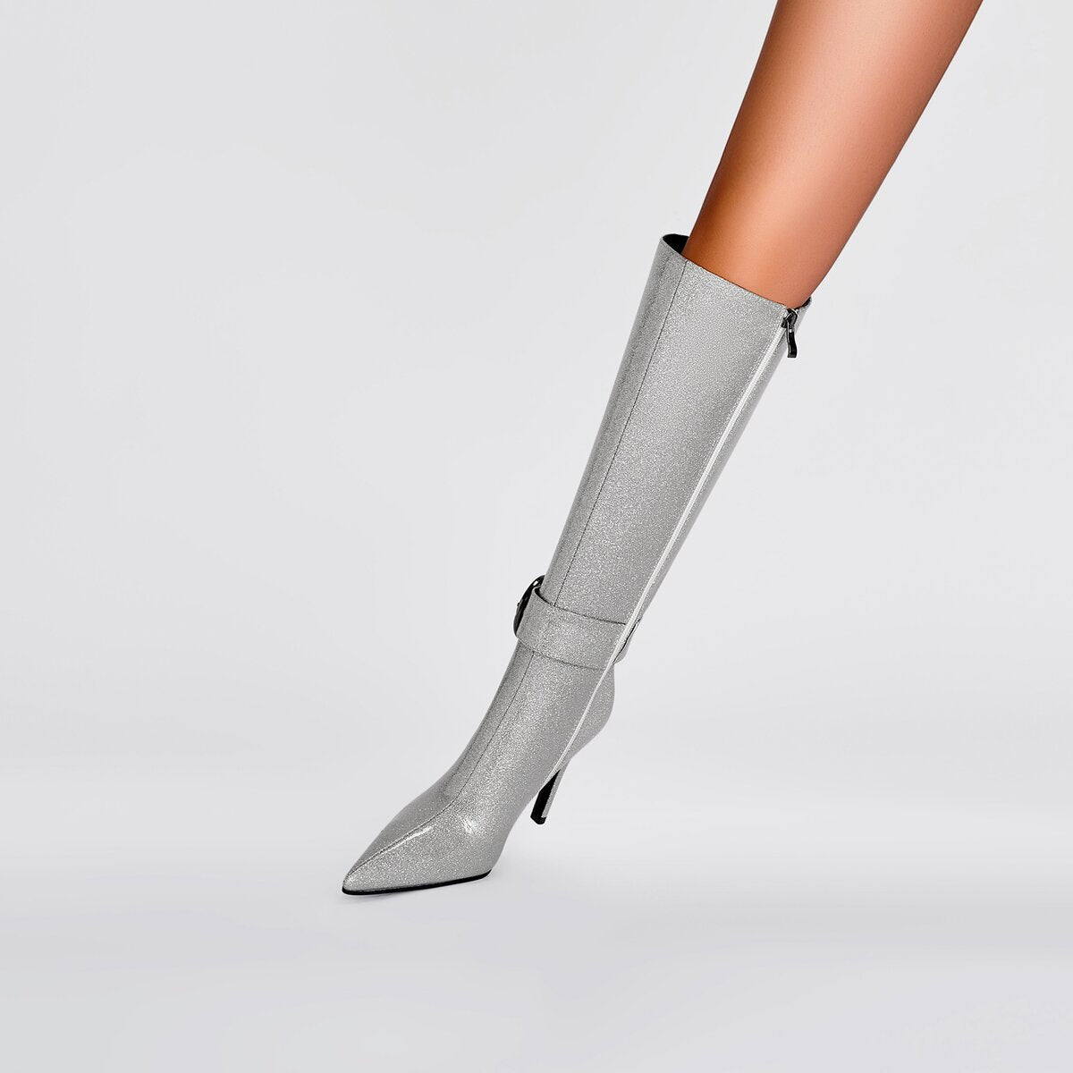 Glitter D Ring Buckle Pointed Toe Stiletto Knee High Boots