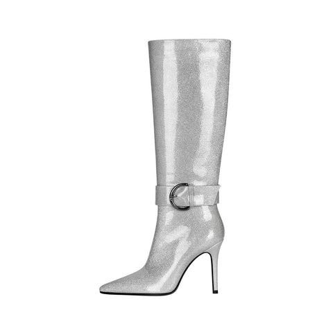 Glitter D Ring Buckle Pointed Toe Stiletto Knee High Boots